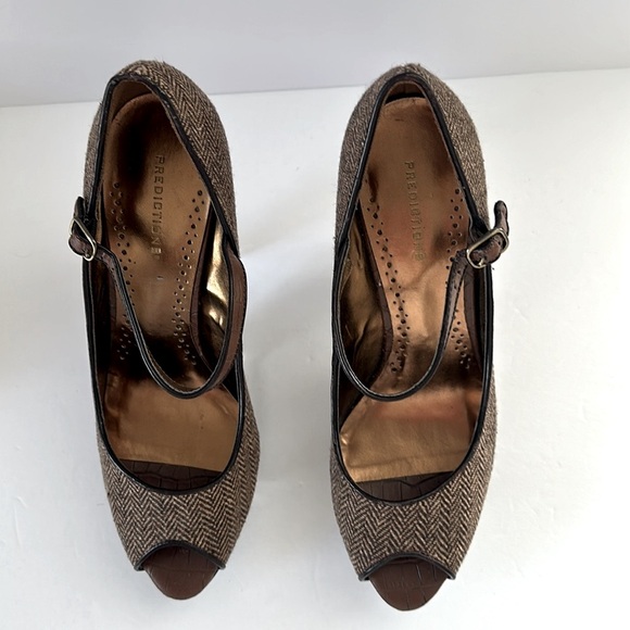 Prediction Brown Tweed Heels 90’s Peep Toe Size 9 Ankle Straps Office Walkable - Picture 4 of 9